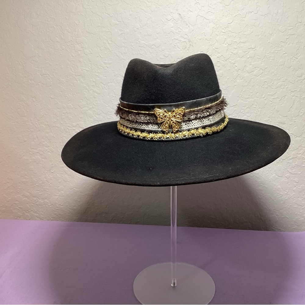 Cost Plus World Market Black Hat with Gold Butterfly Detail
